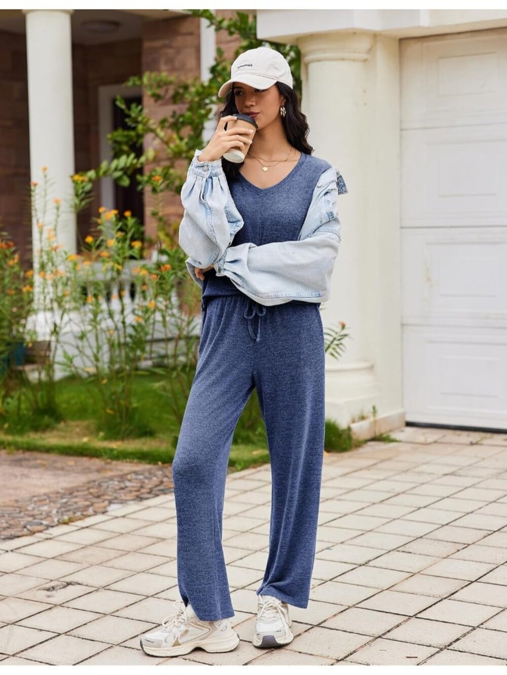 Women's Dark Navy V Neck long sleeves Shirt 2 Piece side pocket Pajamas Set - Picture 6 of 6